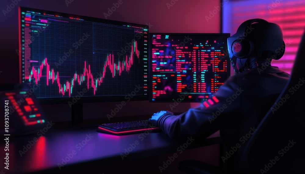Aufkleber Cybernetic Person Working at a Computer with Financial Charts and Data on Screen