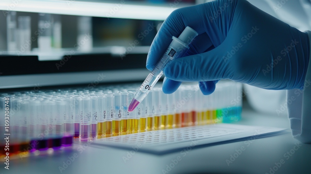 Poster a gloved hand using a pipette to transfer a pink liquid into a row of test tubes with colored liquid