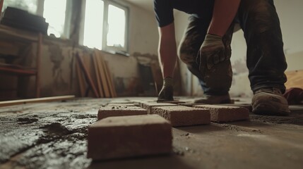 A construction worker uses bricks to lay down a concrete floor in a house. The focus is blurred in the background. 