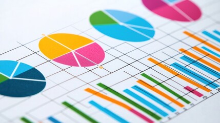 Colorful Pie Charts and Bar Graphs on a White Gridded Paper