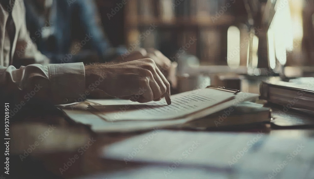 Poster Close-up of a Person's Hand Pointing at a Document on a Clipboard