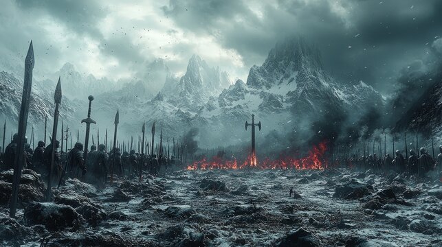 cold battle unfolds amidst snowstorm featuring battlefield covered snow burning swords and spears set towering snowy mountains