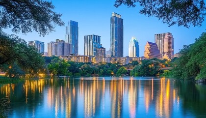Fototapeta premium Austin Skyline Reflected in Still Water at Twilight