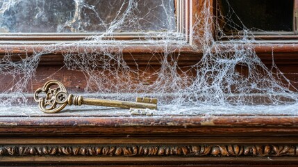 Ornate Key Resting on a Wooden Shelf Covered in Cobwebs