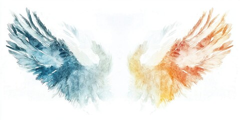 Abstract Watercolor Painting of Two Wings in Blue and Orange Hues