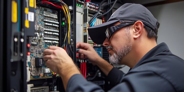 A technician checks a computer's motherboard voltage.  This shows computer repair, upgrades, and technology.