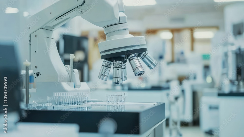 Poster Close-up of a Scientific Microscope in a Laboratory Setting