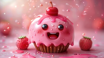 Delightful cupcake with a cherry on top surrounded by strawberries and vibrant splashes of pink frosting. Generative AI