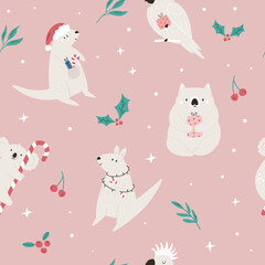 Christmas seamless pattern with adorable Australian animals kangaroo, koala, wombat, cockatoo. Holiday surface design for gift box, prints, fabric, wrapping paper
