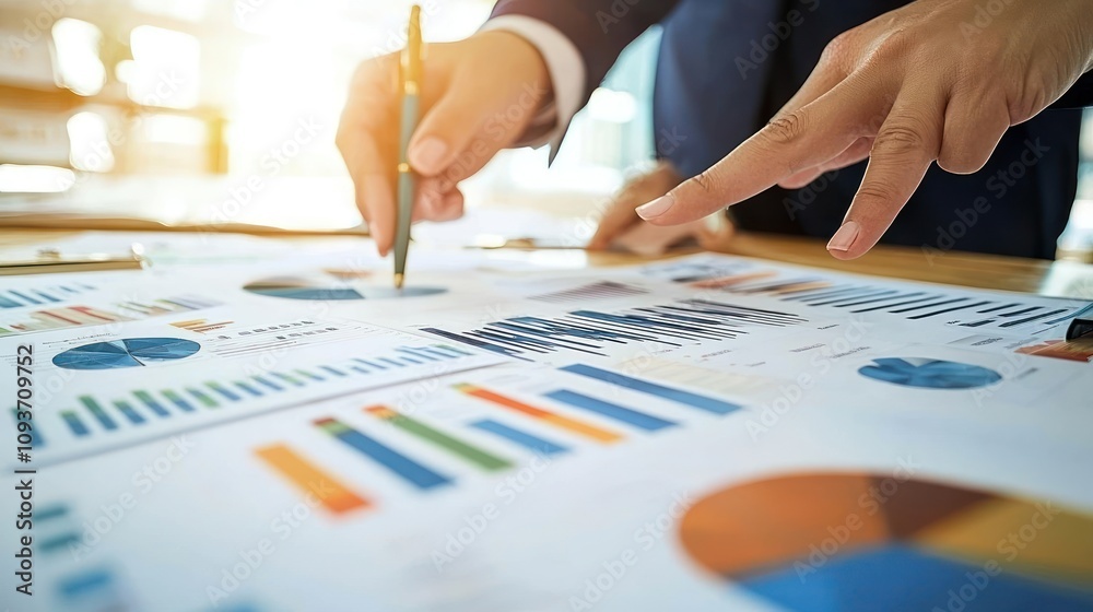 Poster Close-up of a Hand Pointing at Charts and Graphs