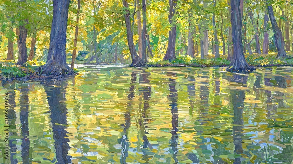 Poster sunlit trees reflected in a calm forest pond