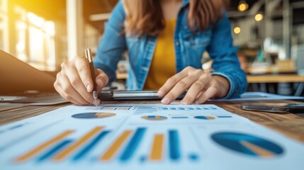 Woman Analyzing Business Charts and Graphs with a Pen