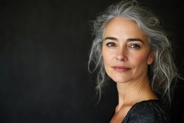 Naklejka premium Portrait of a woman with gray hair against a dark background showcasing natural beauty