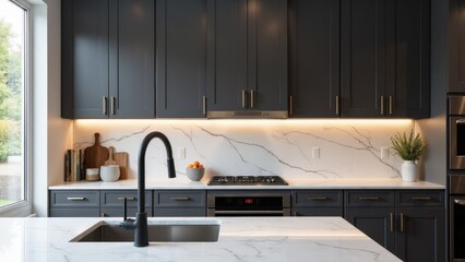 A modern kitchen with dark gray kitchen cabinets, white marble backsplash, and warm under-cabinet lighting creating a welcoming ambiance.