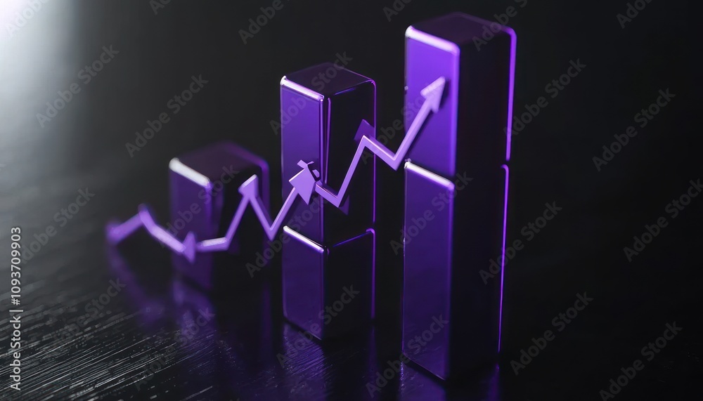Poster purple 3d bar graph with upward arrow trend