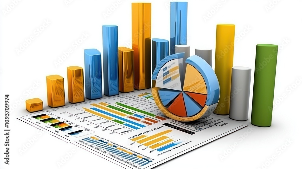 Poster 3D Rendered Bar Graph and Pie Chart on Financial Report