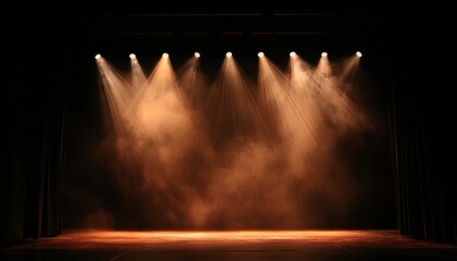 Stage illuminated by spotlights with smoke and black curtains