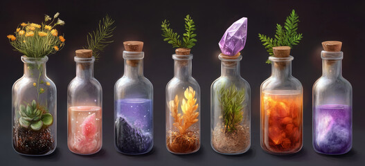 Enchanting bottles of nature and magic with crystals and plants