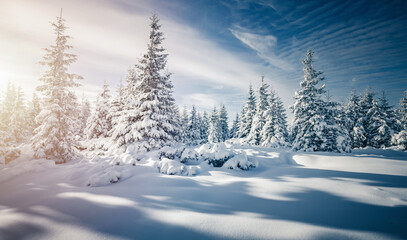 Shiny coniferous trees covered with fluffy snow on a frosty day. Merry Christmas and happy new year greeting postcard.