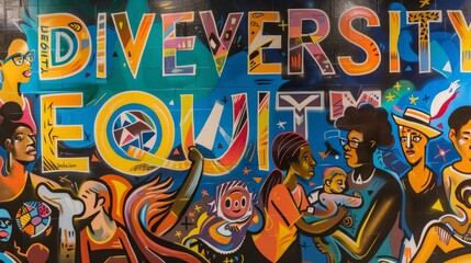 Obraz premium An inspiring mural with the words DIVERSITY EQUITY Inclusion prominently displayed in bold, colorful lettering