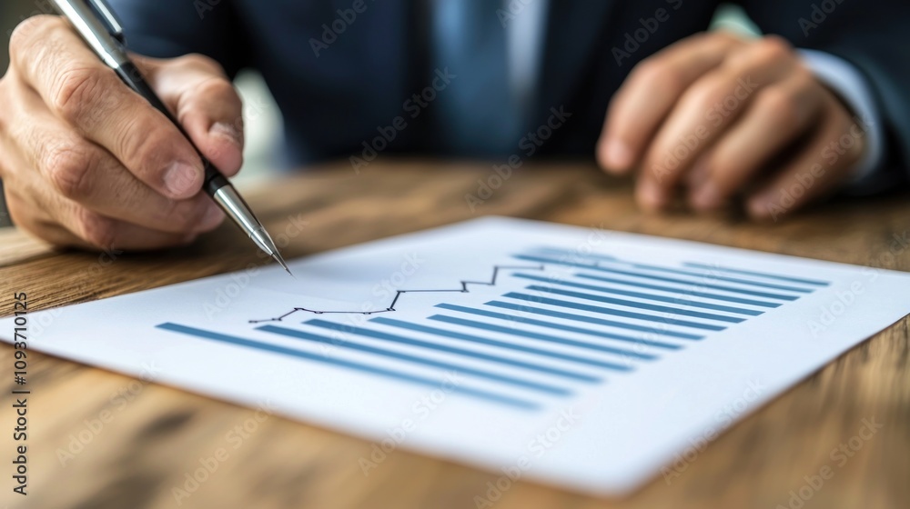 Poster close-up of a businessman's hand analyzing a bar graph with a pen