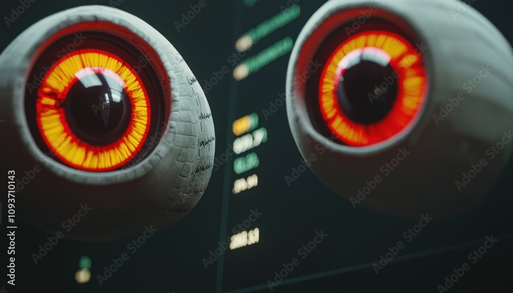 Poster close-up of a robotic eye with glowing red iris