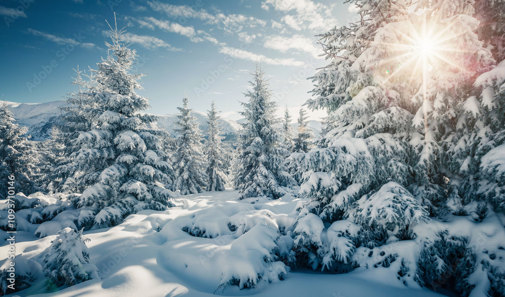 Poster gorgeous shiny conifers covered with fluffy snow on a frosty day. merry christmas and happy new year