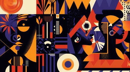This vibrant illustration showcases abstract figures inspired by African culture, blending colors and patterns in a creative way.