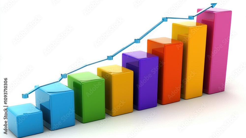 Poster colorful 3d bar graph with upward trend arrow