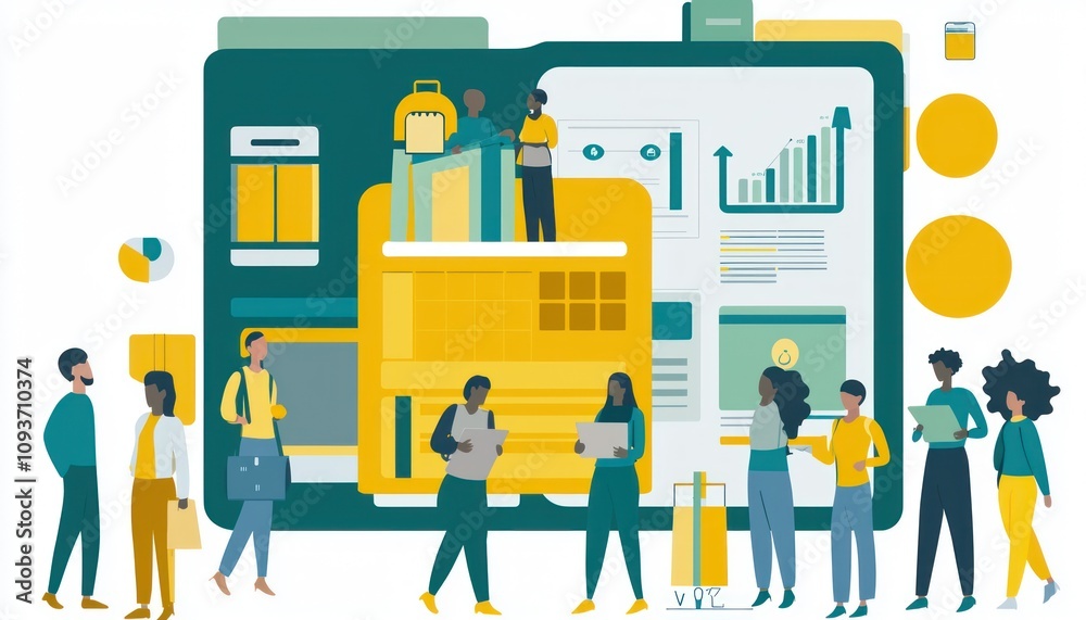 Poster diverse group of people surrounded by data and charts