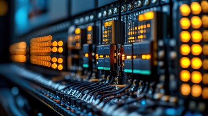Close-up of industrial control system with illuminated indicators and cables.