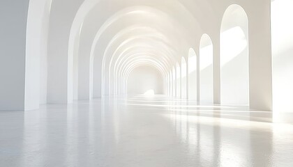 Obraz premium A long, white corridor with arched doorways and a bright light at the end.