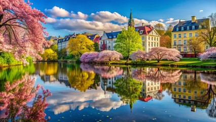 Fototapeta premium Tranquil Spring Reflections: Architectural Harmony with Trees and Water in Blooming Nature