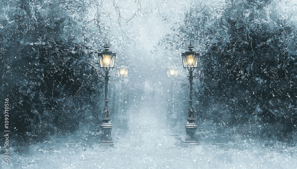 Poster two illuminated streetlights in a snowy forest path