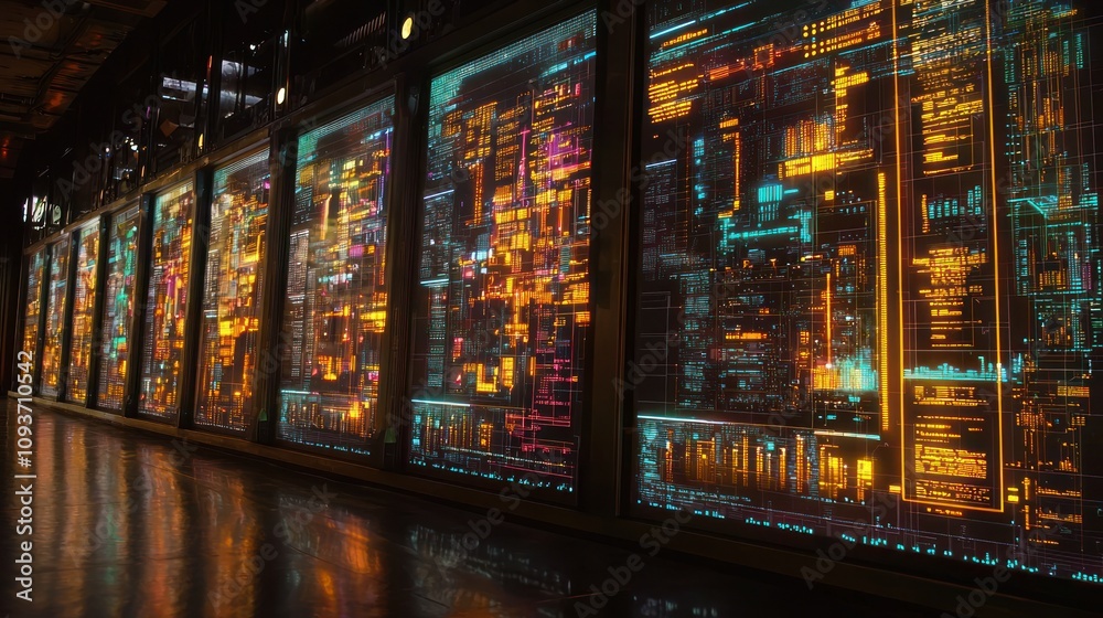 Poster A Row of Screens Displaying Glowing Digital Data in a Dark Room