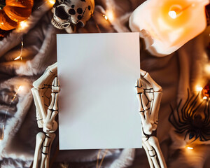 Cozy Autumn Mockup with Blank Halloween Card, Jack-O’-Lantern, and Glowing Lights – Perfect for Spooky Holiday Invitations