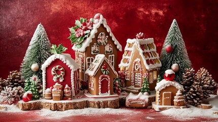 Fototapeta premium A festive display of gift boxes and gingerbread houses adorns a brilliant red background, creating a charming winter wonderland. 
