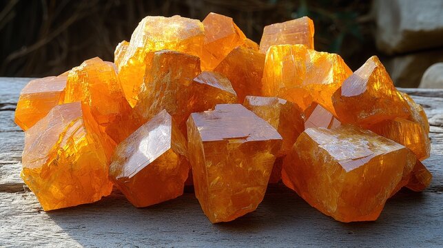 Raw orange crystals on wooden surface with natural light reflection