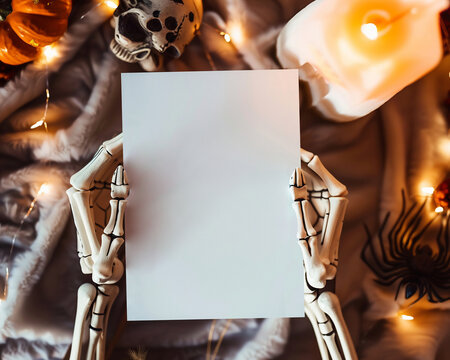 Cozy Autumn Mockup with Blank Halloween Card, Jack-O’-Lantern, and Glowing Lights – Perfect for Spooky Holiday Invitations