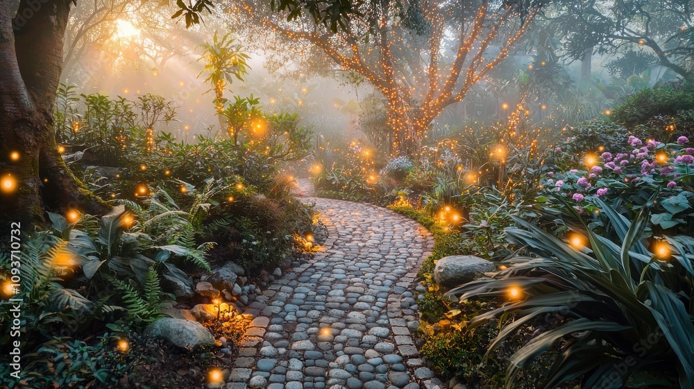 Poster a cobblestone path through a mystical, foggy forest lit by fairy lights
