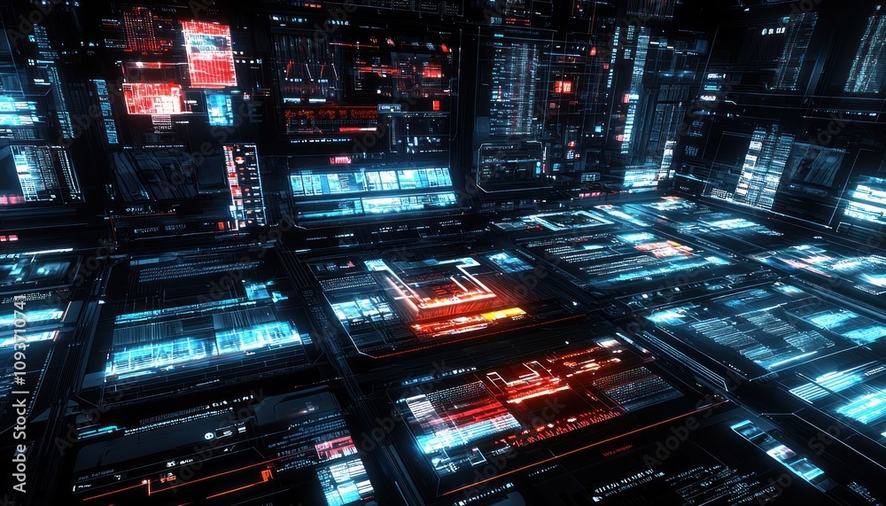 Poster futuristic digital interface with glowing blue and red displays