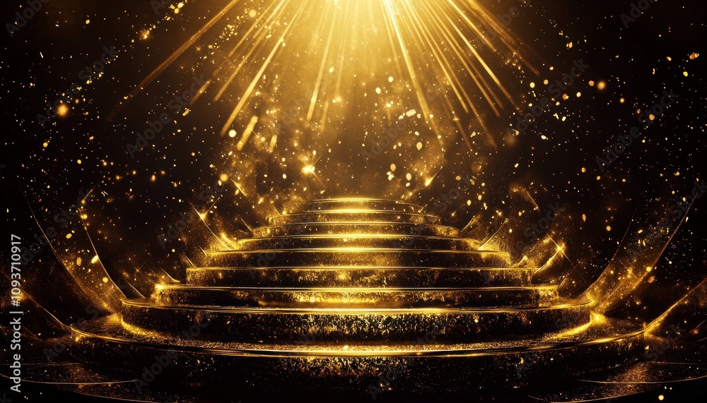 Poster golden staircase with sparkling light rays and confetti