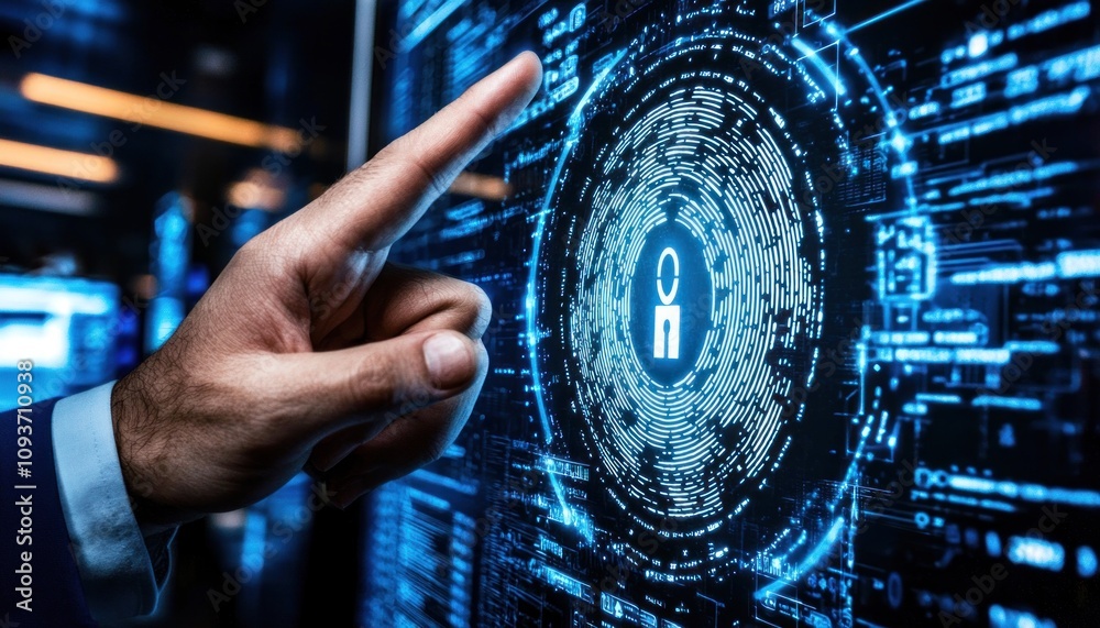 Fototapete Hand Interacting with a Digital Interface Showing a Keyhole Icon within a Blue Circle