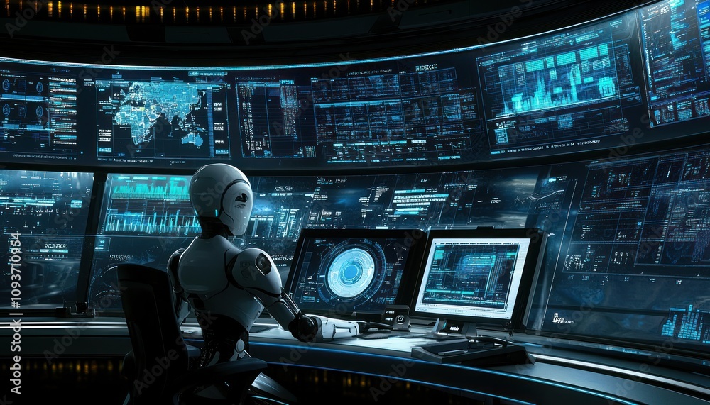 Aufkleber A futuristic robotic operator working at a computer station with multiple monitors displaying data and information.