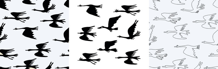 Flying birds, hand drawn various abstract silhouettes, seamless patterns, vector background, wallpaper, paper, textile