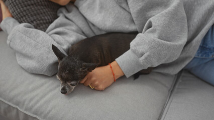 Obraz premium A young hispanic woman indoors cuddles her sleeping chihuahua on a sofa in a cozy living room.
