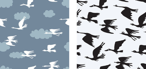 Flying geese, hand drawn abstract white  black birds silhouettes, seamless patterns, vector background, wallpaper, paper, textile
