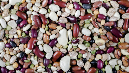 Colorful assortment of various bean arranged on a flat surface for culinary use
