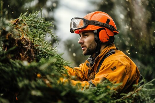Skilled worker wearing protective gear while cutting trees in a forest during overcast weather