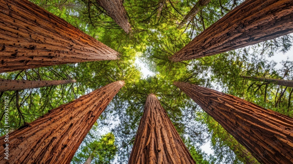 Poster a view up through the canopy of giant redwood trees